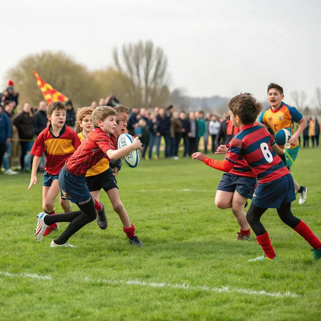 A group of enthusiastic rugby students on the field